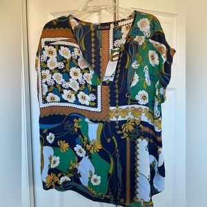 Floral Patchwork Blouse - Blue, Green, Brown